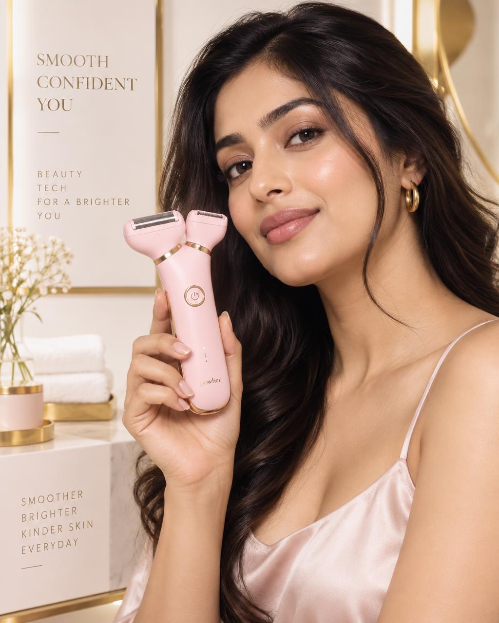 Woman holding a pink TrendifyOne dual-head shaver