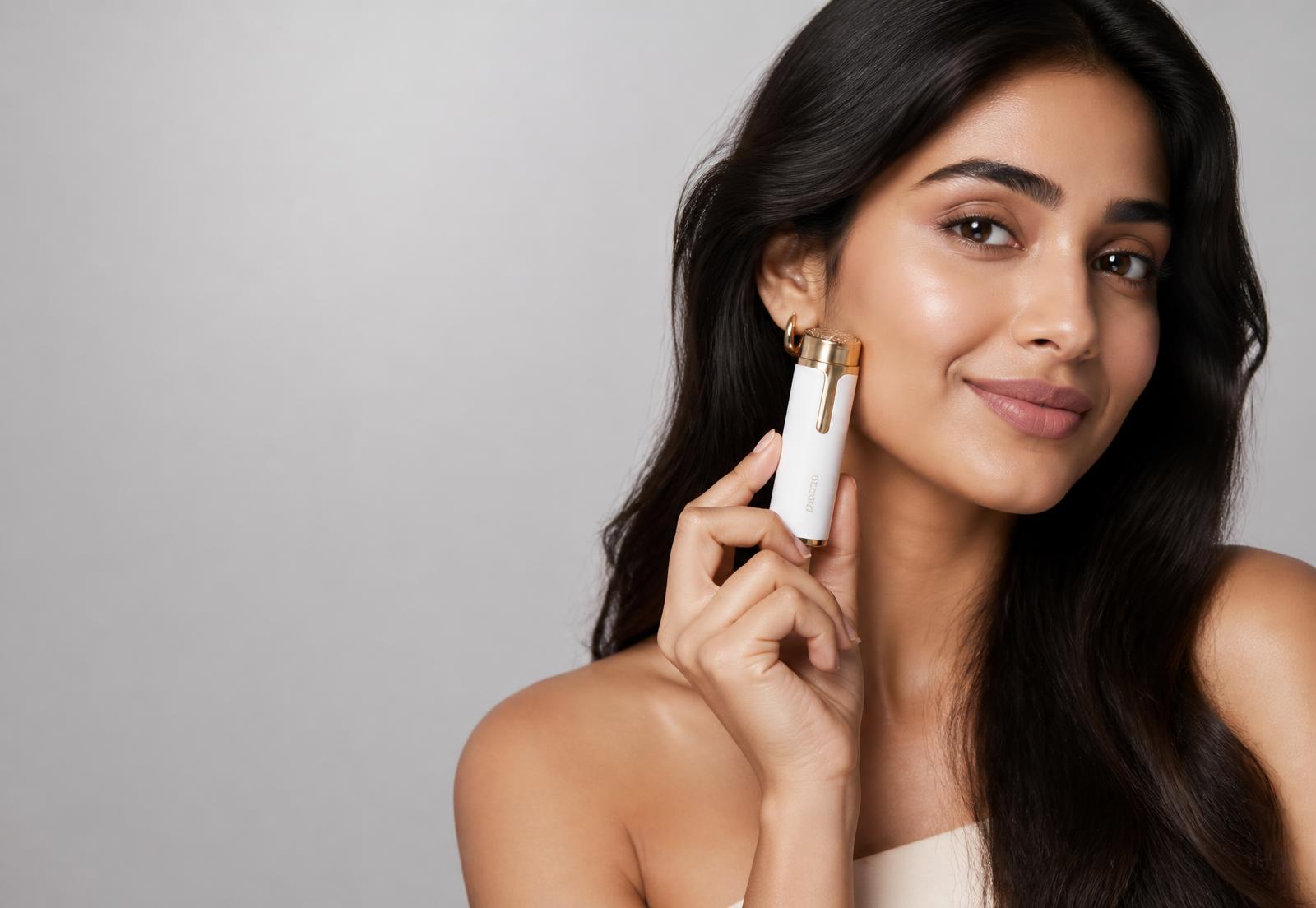 Woman holding a gold and white TrendifyOne facial hair remover